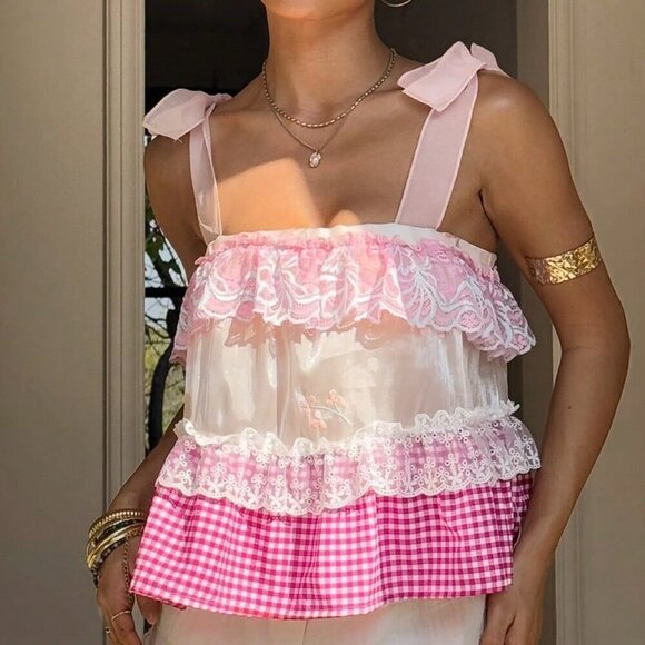 Pink Boho Women's Vacation Plaid multi print Lace Splicing Camisole top - Picture 3 of 7